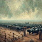 An oil painting-style image of a cattle feedlot with a somber, melancholic atmosphere. The landscape is dusty and dry under a gray, overcast sky