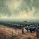 An oil painting-style image of a cattle feedlot with a somber, melancholic atmosphere. The landscape is dusty and dry under a gray, overcast sky