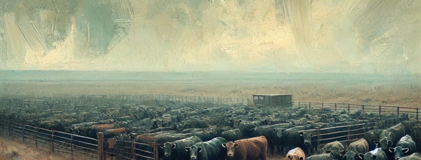 An oil painting-style image of a cattle feedlot with a somber, melancholic atmosphere. The landscape is dusty and dry under a gray, overcast sky